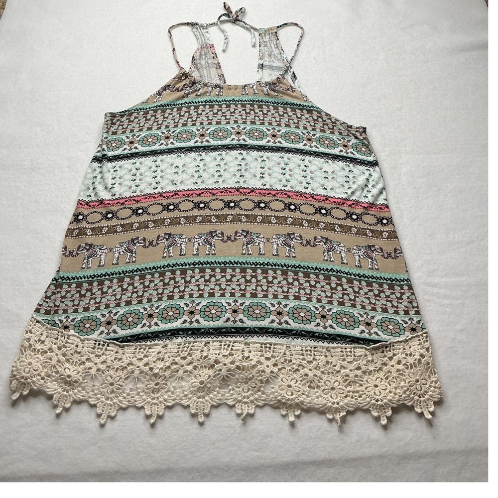 Minette Elephant Print Boho Halter Tank Top Crochet Lace Hem Multicolor Small